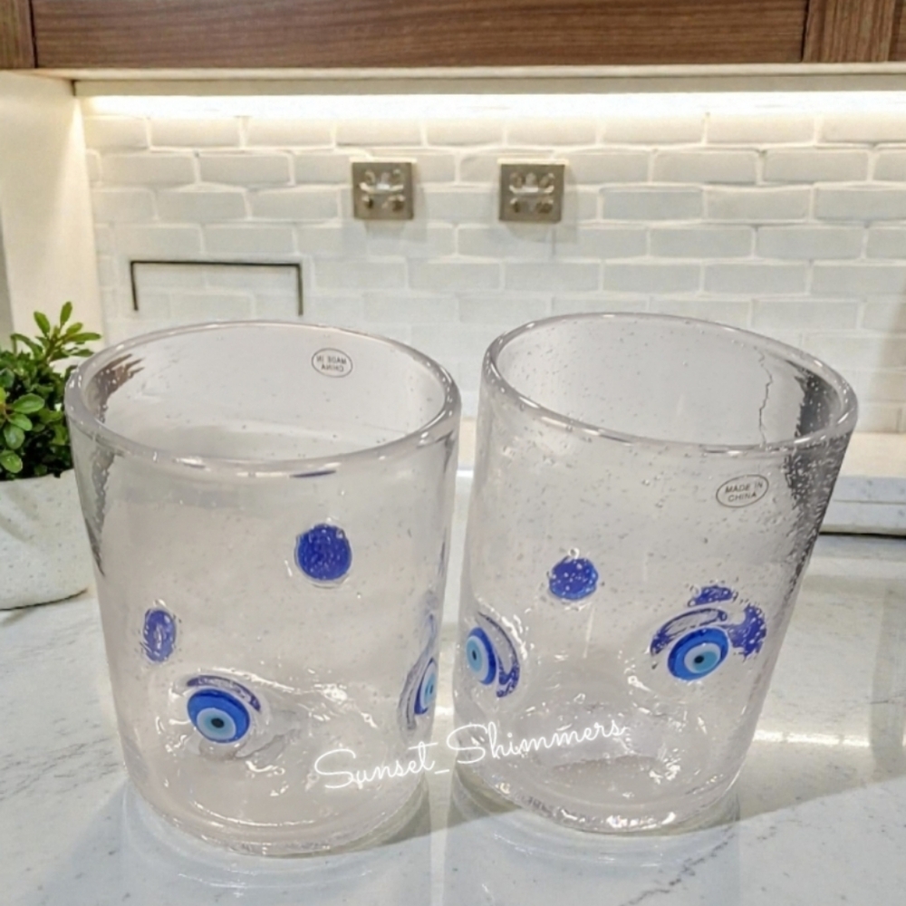 2 Anthropologie Style Greek Evil Eye Mal De Ojo Lampwork Old Fashioned Glasses